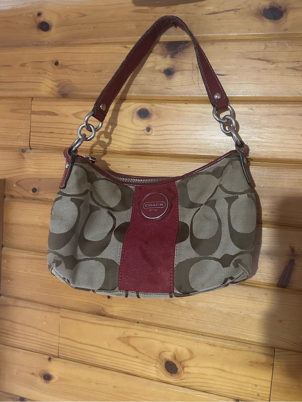 COACH Tan Signature Canvas Shoulder Bag with Burgundy Leather